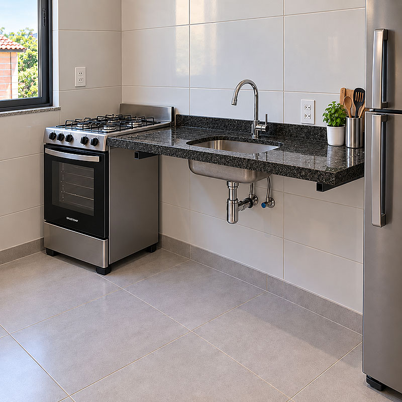 Bancada de granito em cozinha sobre suportes metálicos