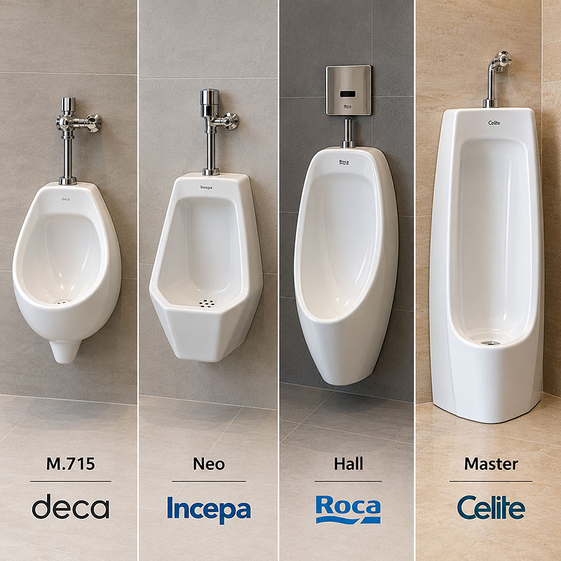 Diferentes modelos e estilos de mictorios de louça