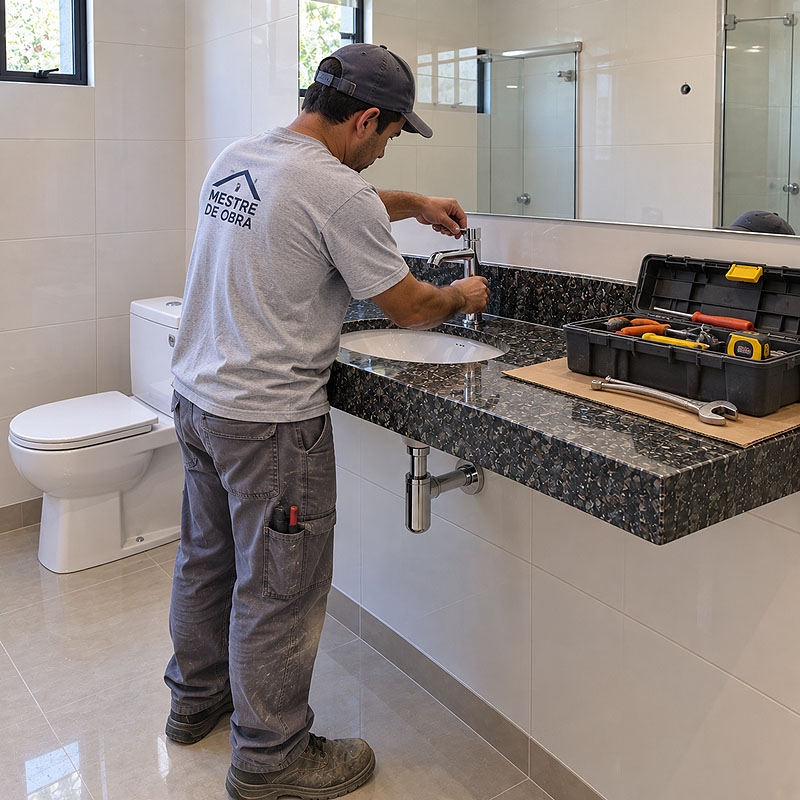 Encanador instalando cuba e metais sanitários em bancada de granito em banheiro