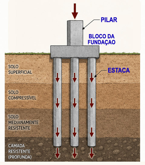 desenho esquemático de fundações profundas