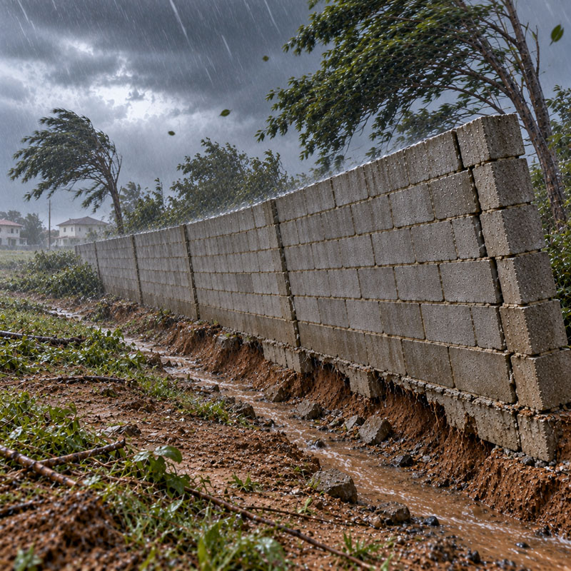 Muro divisório quase caindo devido ao solapamento das fundações