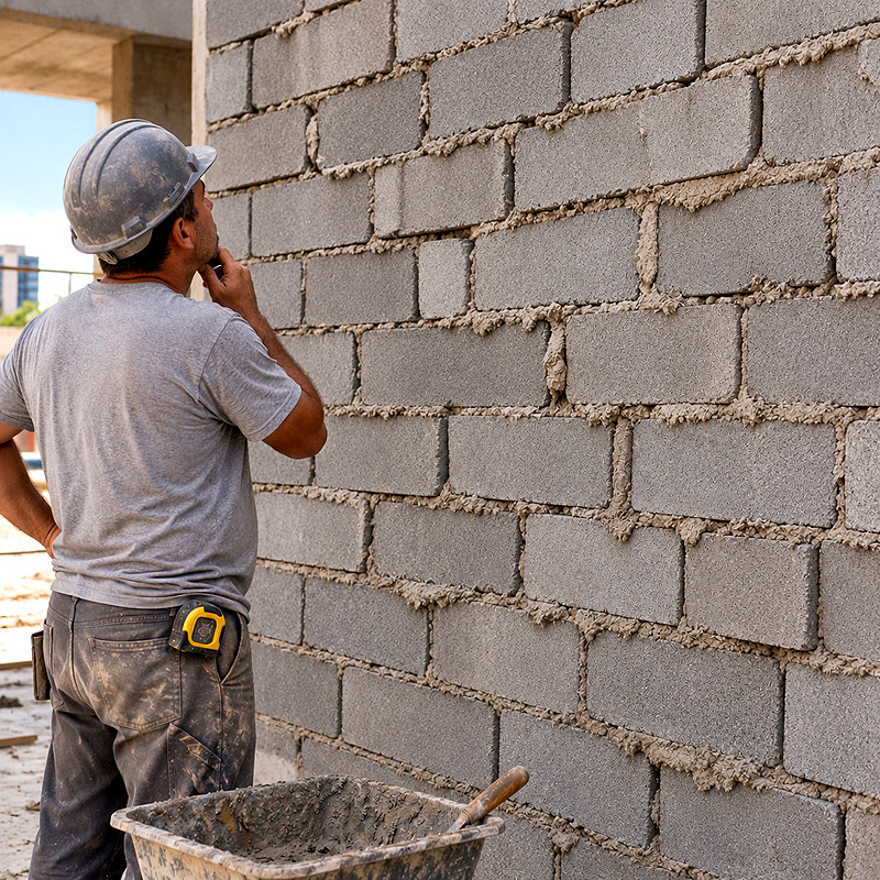 Parede de blocos mal construida, com blocos salientes e rebarbas de argamassa